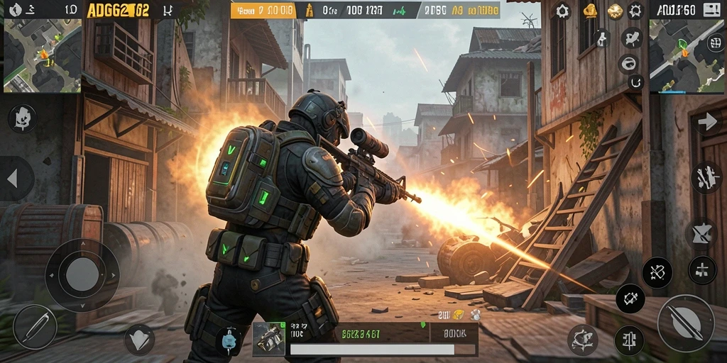 Tangkapan layar gameplay ADG62 menampilkan pertarungan sengit di peta yang menakjubkan.