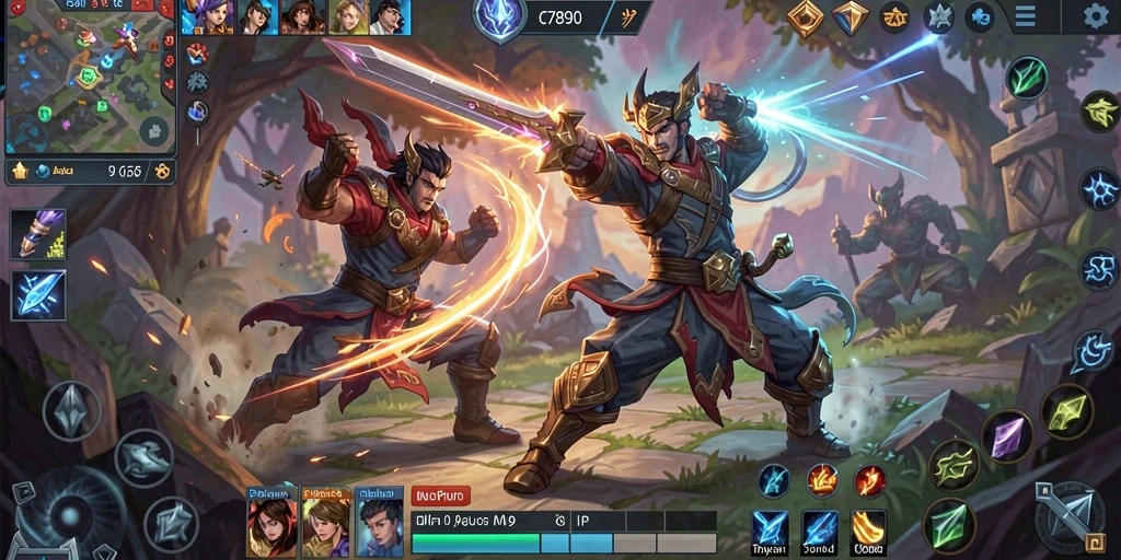 Screenshot utama C7890 menampilkan aksi pertarungan karakter MOBA.