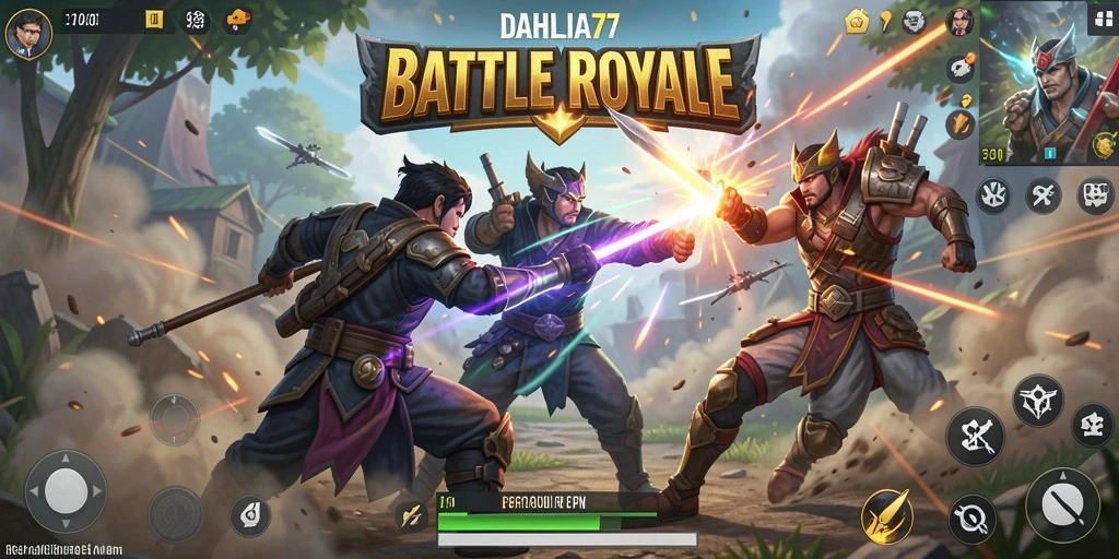 Screenshot gameplay DAHLIA77 menunjukkan aksi seru dalam pertempuran Battle Royale.