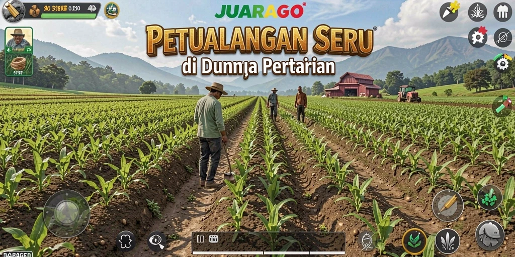 Screenshot JUARAGO menampilkan pemandangan ladang yang memukau dan aktivitas bertani.
