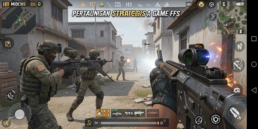 Tangkapan layar gameplay MODE303 menampilkan aksi tembak-menembak yang intens.