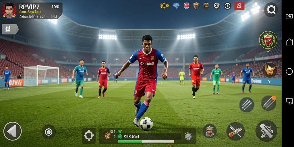 Tangkapan layar dari gameplay RPVIP7 dengan aksi sepak bola seru.