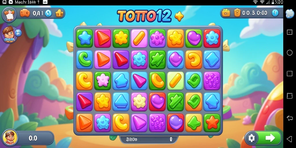 Screenshot menunjukkan gameplay menarik dalam TOTO12 dengan elemen match-3 yang berwarna-warni.
