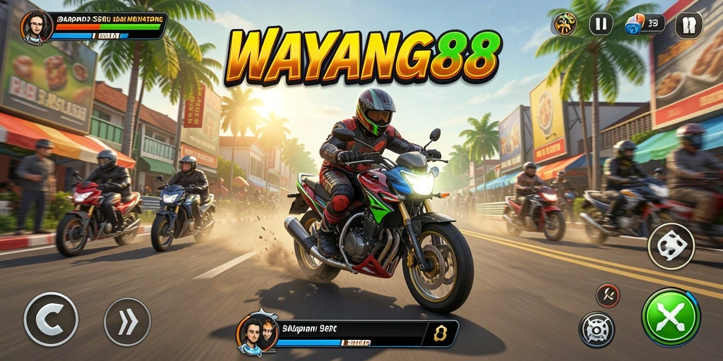Screenshot utama WAYANG88 menunjukkan aksi balapan motor yang mendebarkan.